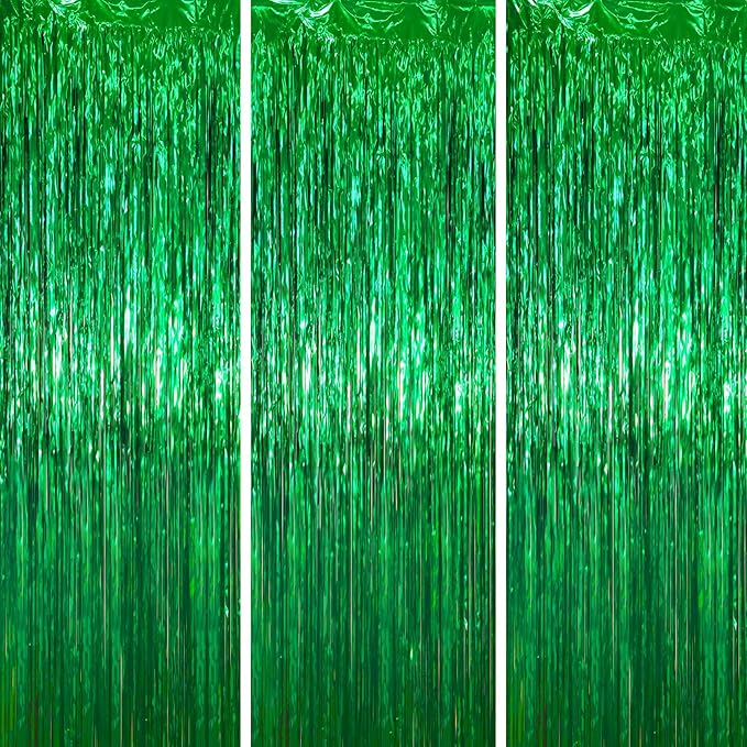 3 Pack 3.3 x 6.6 ft Green Foil Fringe Backdrop Curtains, Tinsel Streamers Party Decorations, Fringe Backdrop for Birthday, Dinosaur, St Patrick's Day, Soccer, Christmas
