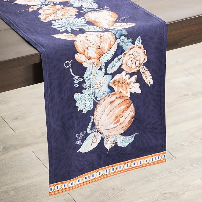 Maison d' Hermine Table Runner 100% Cotton Double Layer Table Runners 108 inches Long for Thanksgiving Christmas Decorations Home Kitchen Dining Party Wedding (Pumpkin Blues, 14.5" x 108")
