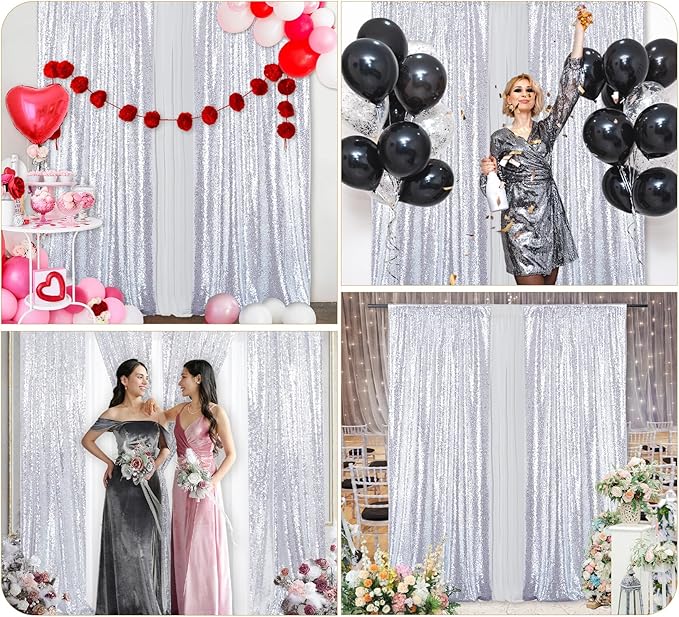 Silver Sequin Backdrop 2 Panels Christmas Party Backdrop Curtain,Glitter Photo Background for Wedding Baby Shower