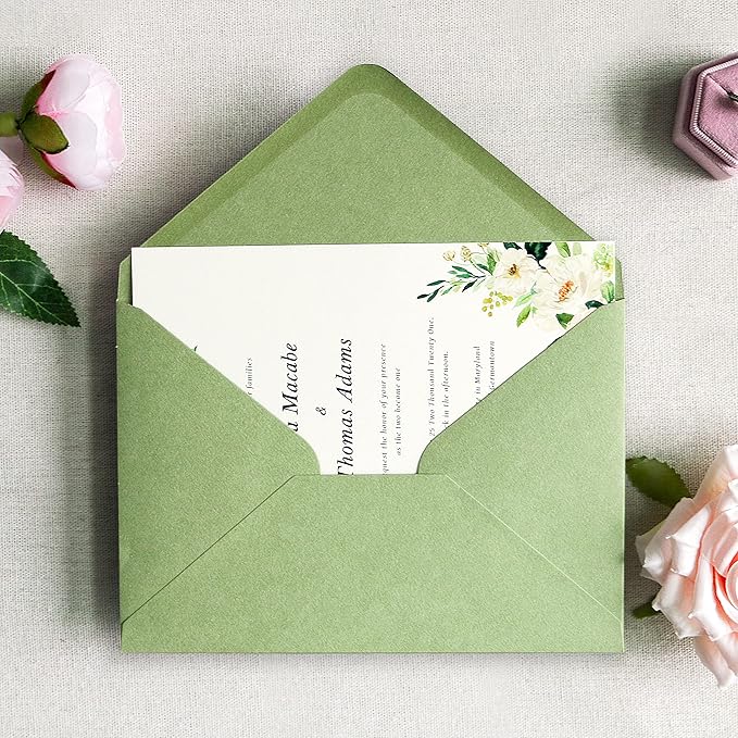 PONATIA 50 PCS/Pack A7 Envelopes, 5.25 x 7.48'' Sage Green Envelopes For 5 x 7'' Weddings Invitation Cards, Christmas Gift Cards, Acrylic Invitations, Photos and Any 5x7 Inserts