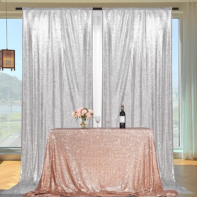PartyDelight Sequin Backdrop Curtains 2 Panels Silver 5Ft x 10Ft Photograph Back Drop Wedding Curtain Special Events