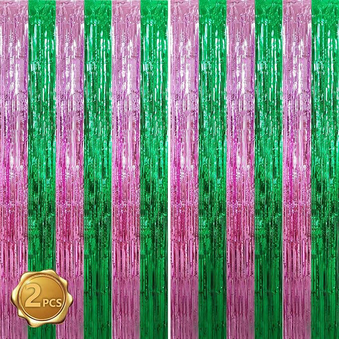 BEISHIDA Pink Green Door Streamers Backdrop Foil Fringe Tinsel Party Streamers Curtains Photo Backdrop for Birthday Graduation Wicked Party Decoations