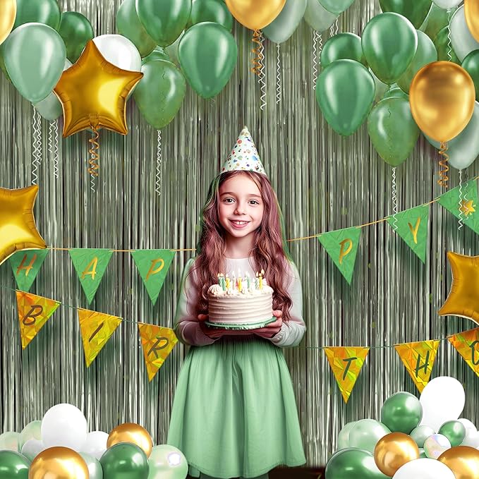 2 Pack Metallic Lime Green Fringe Backdrop, 3.2x8.2ft Shining Foil Tinsel Curtains, Birthday Party Decorations Door Streamers for Halloween, Christmas, Wedding, Graduation, Holiday, Theme Events