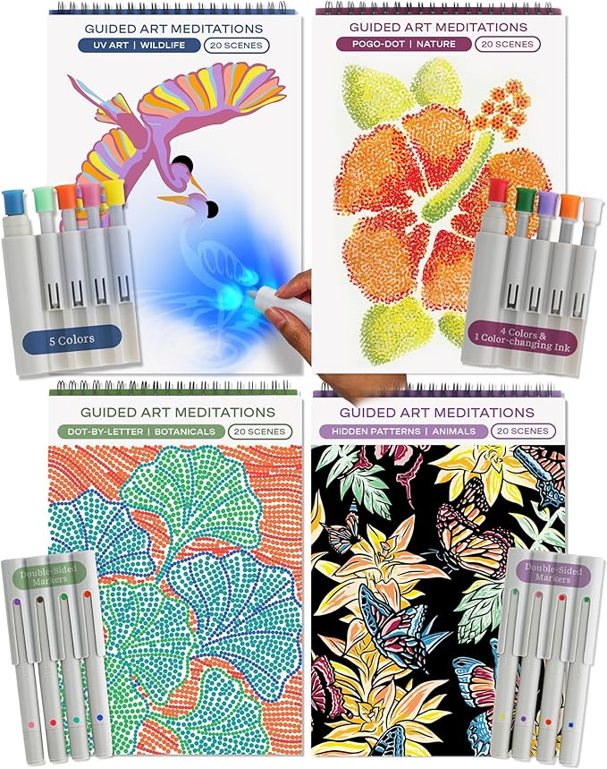 Lifelines FlowArt Activity Pad, 4-Pack - Guided Art Meditations with Markers - Color by Letter, Dot-Art and More, Coloring Books for Teens, Adults & Seniors