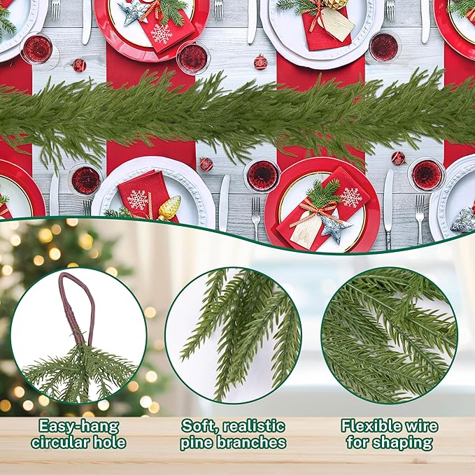 2 Pcs 6FT Christmas Garlands Norfolk Pine Garland - Real Touch Winter Pine Garland, Artificial Norfolk Tree for Indoor Outdoor Holiday Decor, Fireplace Mantel, Door, Porch (Burgundy Bell)