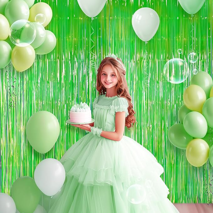 2 Pack Green Iridescent Streamers Backdrop, 3.3x6.6ft Foil Fringe Curtains Holographic Door Tinsel Streamers for Birthday, Wedding, Holiday, Bachelorette, Christmas Theme Party Decorations