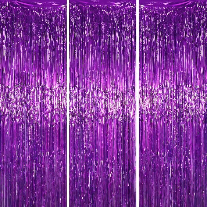 3 Pack 3.3 x 6.6 ft Purple Foil Fringe Backdrop Curtains, Tinsel Streamers Party Decorations, Fringe Backdrop for Birthday, Baby Shower, Gender Reveal, Graduation