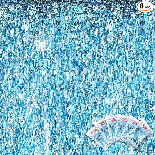 Jutom 6 Pieces 3.3 x 6.6 ft Wavy Tinsel Foil Fringe Curtains Foil Fringe Streamer Backdrop Party Curtain for Sea Mermaid Baby Shower Birthday Party Decoration(Light Blue)