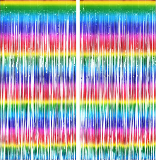 BRAVESHINE Fringe Backdrop Tinsel Foil Curtains - 2 Pack Colorful Metallic Streamers Backdrops for Doorway Decor/80's/90's/Dance/Graduates/Rainbows-Theme/Candylands/Kids Birthdays Party Decorations