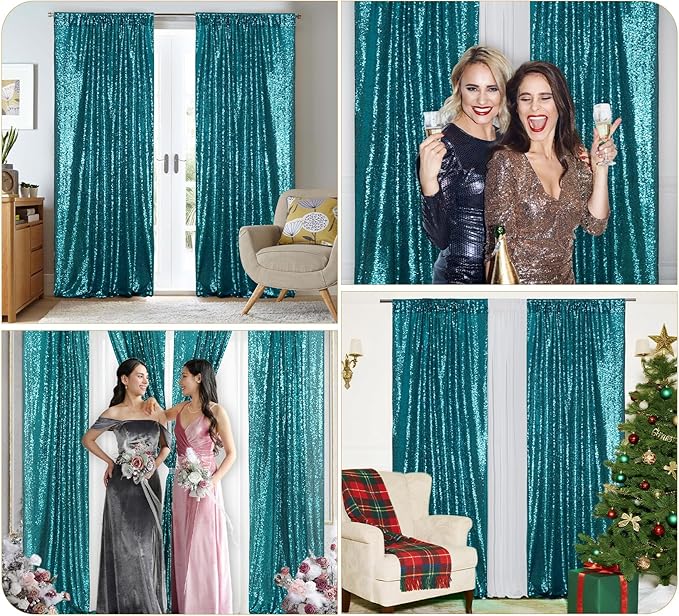 Juya Delight 2ft x 8ft x 2Pcs Teal Sequin Photography Backdrop Curtain for Wedding Party Decoration Festival Ceremony