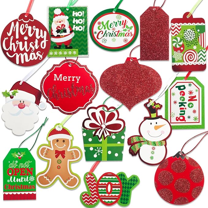 Christmas Gift Tags 60 Count with Untied String (15 Assorted Glitter, Foil, Printed Designs for DIY Xmas Present Wrap and Label Package Name Card)