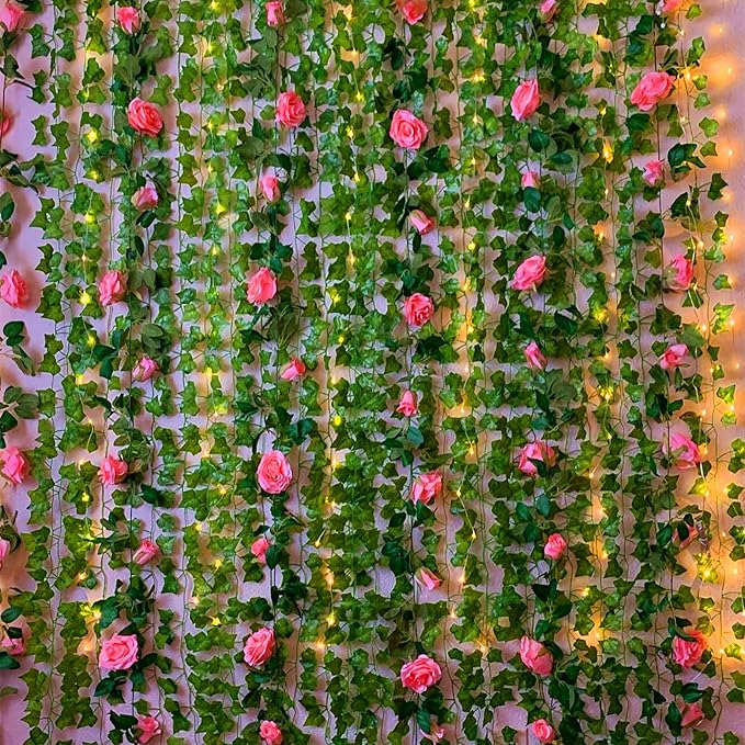 UKELER 2 Pack Artificial Floral Garland Total 14FT Rose Flower Vines Hanging Flower Plants for Home Garden Party Outdoor Ceremony Wedding Arch Floral Decor, Light Purple
