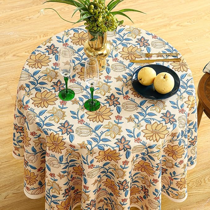 ISAENNE Designer Bohemian Floral Round Tablecloth,Linen Colorful Table Cloth,Wrinkle Resistant Decor Tablecloths for Dining Thanksgiving Kitchen Party Christmas,Diameter 67"-Estevan B
