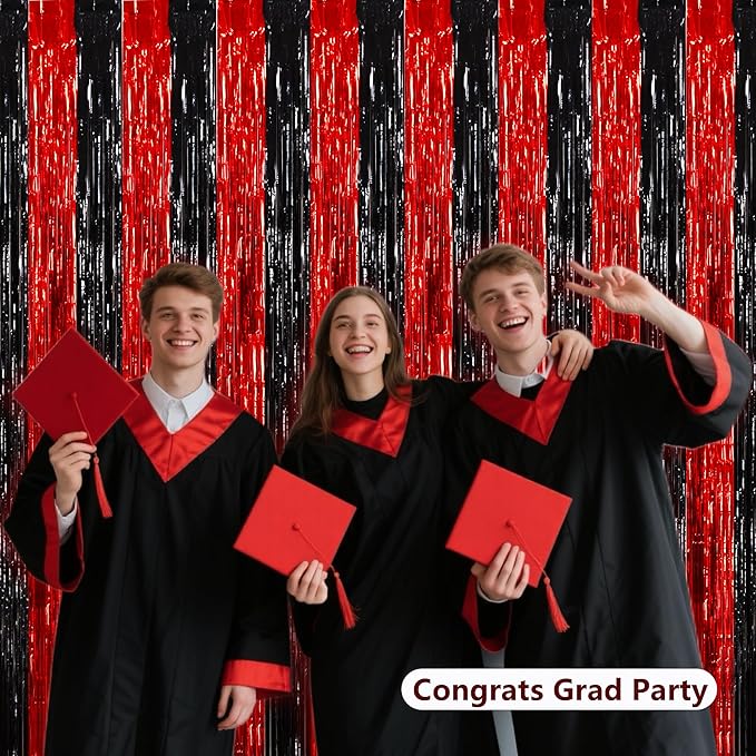 BEISHIDA Red Black Door Streamers Backdrop Foil Fringe Tinsel Party Streamers Curtains Photo Backdrop - 2Pcs for Birthday Graduation Bachelorette Halloween New Year Party Decoations