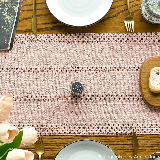 Artoid Mode Pink Farmhouse Woven Rustic Hollow Table Runner, Seasonal Holiday Hollow Kitchen Dining Table Decoration for Home Party Decor 12x60 Inch