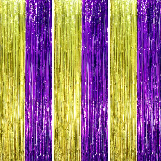 3 Pack 3.3 x 8.2 ft Purple and Gold Foil Fringe Backdrop Curtains, Tinsel Streamers Party Decorations, Fringe Backdrop, Door Shimmer for Graduation or Birthday Party