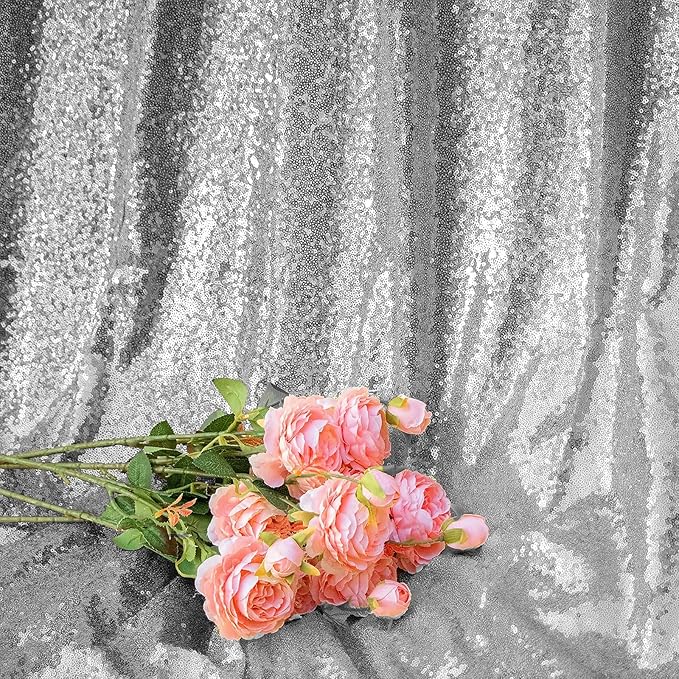 Silver Sequin Backdrop Curtains 4 Panels 2FTx8FT Wedding Photo Backdrop Glitter Birthday Bridal Party Curtains Sparkle Background Party Decor Curtains