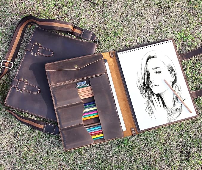 Robrasim Handmade Leather Sketchbook Cover, Artist Sketch Pad Holder for 9"X12" Top Spiral Bound Sketchbook, Drawing Book Pencil Case, Journal Portfolio with Shoulder Strap, Artist Gifts,Brown