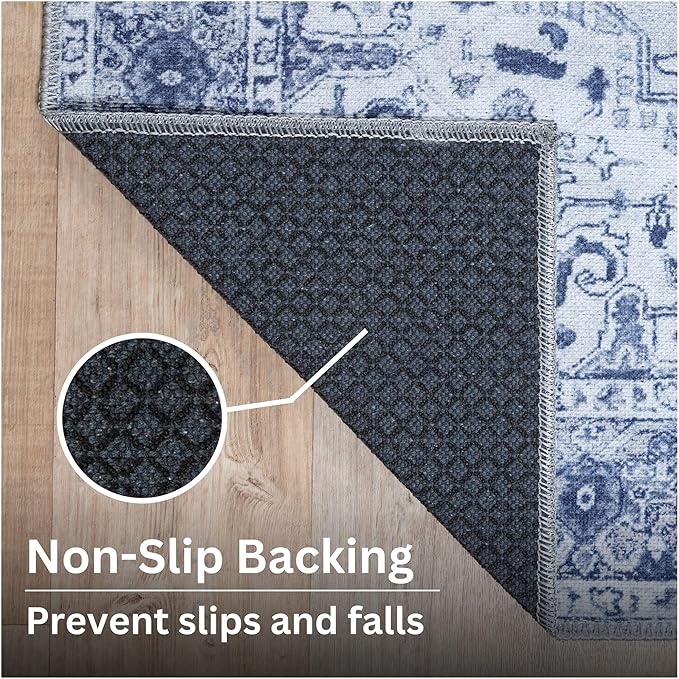 Bloom Rugs Washable Non-Slip 4' x 6' Rug - Gray/Blue Traditional Medallion Area Rug for Living Room, Bedroom, Dining Room, and Kitchen - Exact Size: 4' x 6'