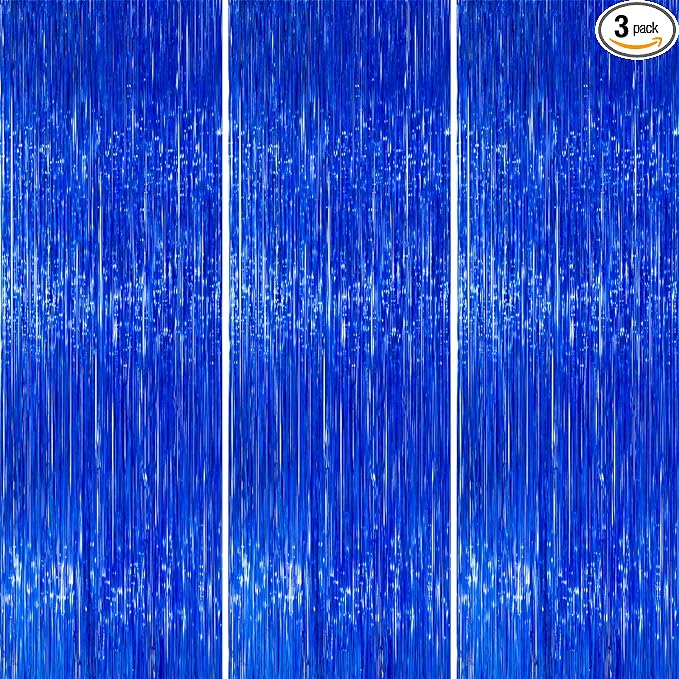 PartyWoo Dark Blue Streamers Fringe Backdrop 3pcs Navy Blue Foil Fringe Curtain 8.2FT Tinsel Backdrop for Birthday Gender Reveal Baby Shower Graduation Pool Under The Sea Ocean Party Decorations