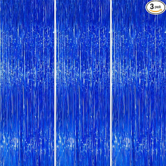 PartyWoo Dark Blue Streamers Fringe Backdrop 3pcs Navy Blue Foil Fringe Curtain 8.2FT Tinsel Backdrop for Birthday Gender Reveal Baby Shower Graduation Pool Under The Sea Ocean Party Decorations