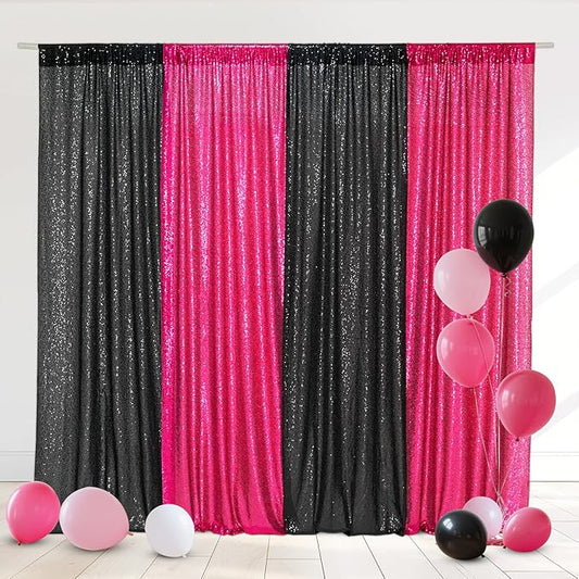 Eternal Beauty Black and Hot Pink Backdrop 4 PCS-2x8 Ft Sequin Curtain Panels for Christmas Party, Birthday