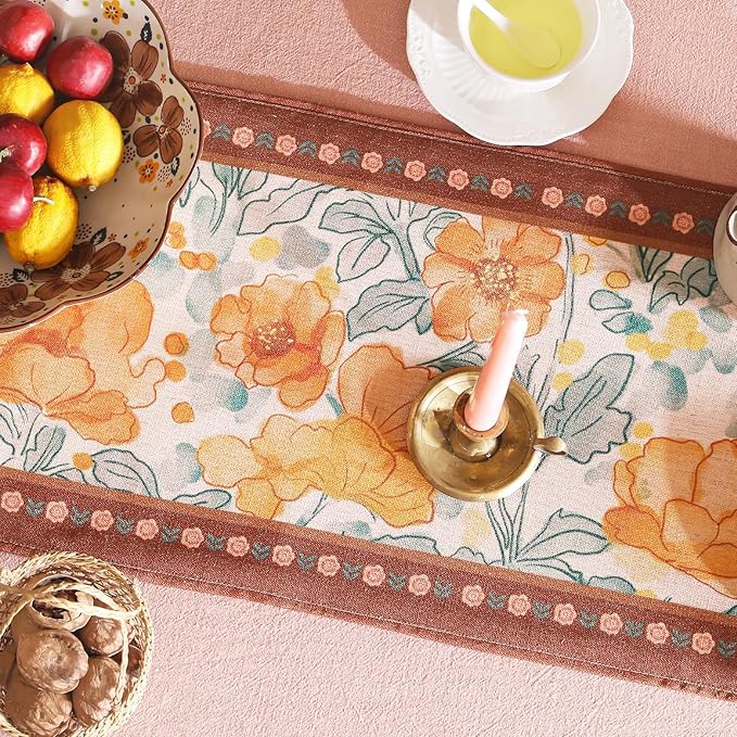 Designer Vintage Orange Floral Table Runner,French Soft Linen Farmhouse Table Runners 71 Inches Long,Decor Tabletop for Kitchen,Dining,Tea Party,Home,Christmas,12"*71"
