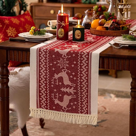Table Runners 72 Inches,Elk Table Runner with Tassel Fringe,Christmas Table Runner for Party，Coffee Table, Festival