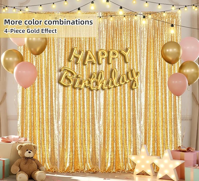 Juya Delight 2PCS 2FTx8FT Gold Sequin Curtains - Glitter Photo Backdrop for Party Birthday Wedding Wall Decoration