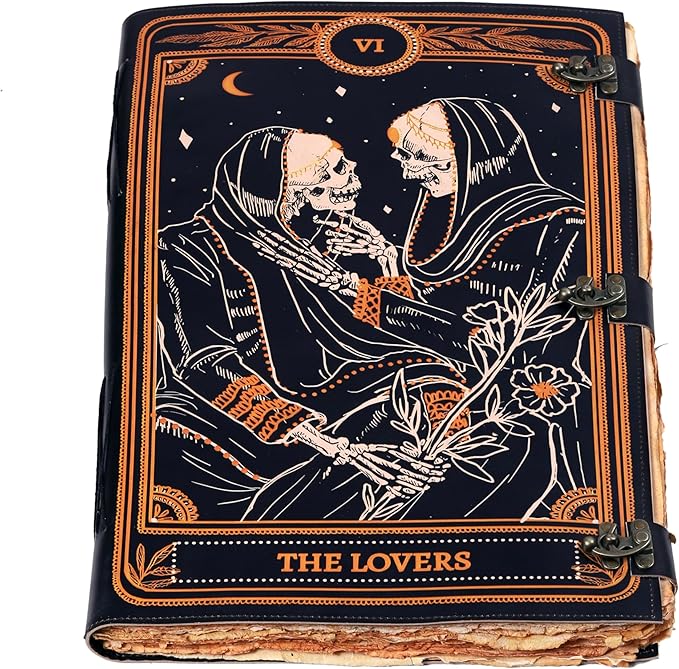 cuero Book of Spells Leather Journal Deckle Edge Paper Grimoire Printed Journal The Lovers Tarot Notebook Spiral Gothic Notebook Skull lover Antique Vintage Leather Journals for Women and Men