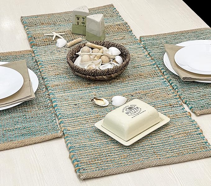 Chardin home Natural Jute Table Runner 13x48 Inch – Vintage Boho Rustic Table Decor – Handwoven Table Runner in Natural Jute and Aqua Turquoise – Farmhouse Dining or Console Table Accent