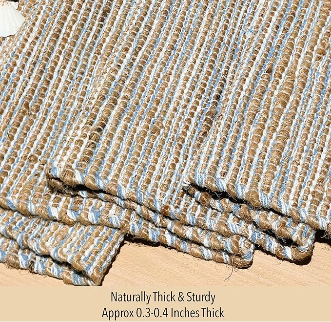 Chardin home Natural Jute Table Runner 13x48 Inch – Vintage Boho Rustic Table Decor – Handwoven Table Runner in Natural Jute and Sky Blue-White – Farmhouse Dining or Console Table Accent