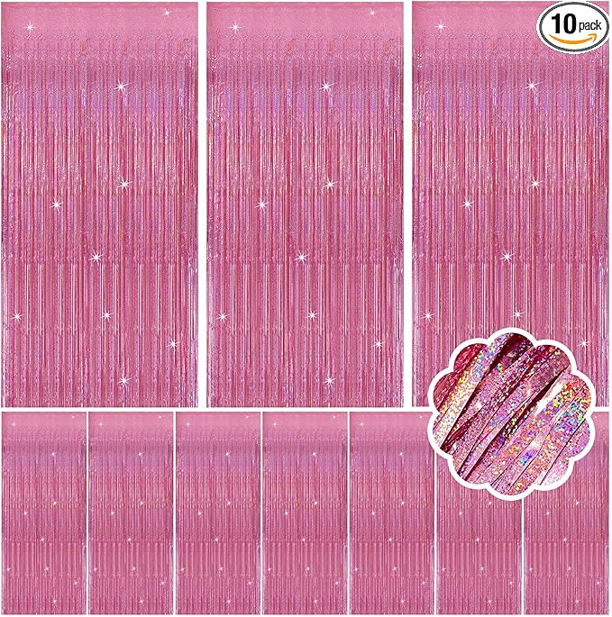 10 Pack Pink Metallic Tinsel Photo Backdrop for Wedding Engagement Baby Shower Bachelorette Christmas Celebration Birthday Party Decorations