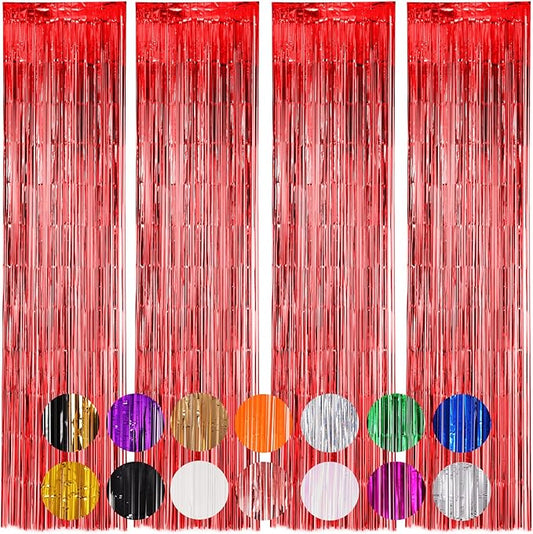 4 Pack Red Foil Fringe Backdrop Curtains, Tinsel Streamers Birthday Party Decorations, Fringe Backdrop for Graduation, Baby Shower, Gender Reveal, Disco Party
