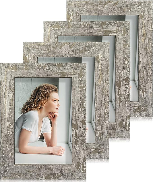 4x6 Picture Frame set of 4, High Definition Glass Distressed Moss Green Frame, 4 x 6 Wood Photo Frames for Desktop Display and Wall Mounting