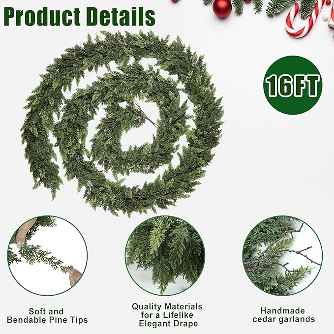 Realistic Christmas Garland for Mantle 16FT Real Touch Thick/Lush Artificial Cedar Garlands Christmas Decorations Indoor Christmas Garland for Stairs Railing Outdoor Table Holiday Decor Greenery