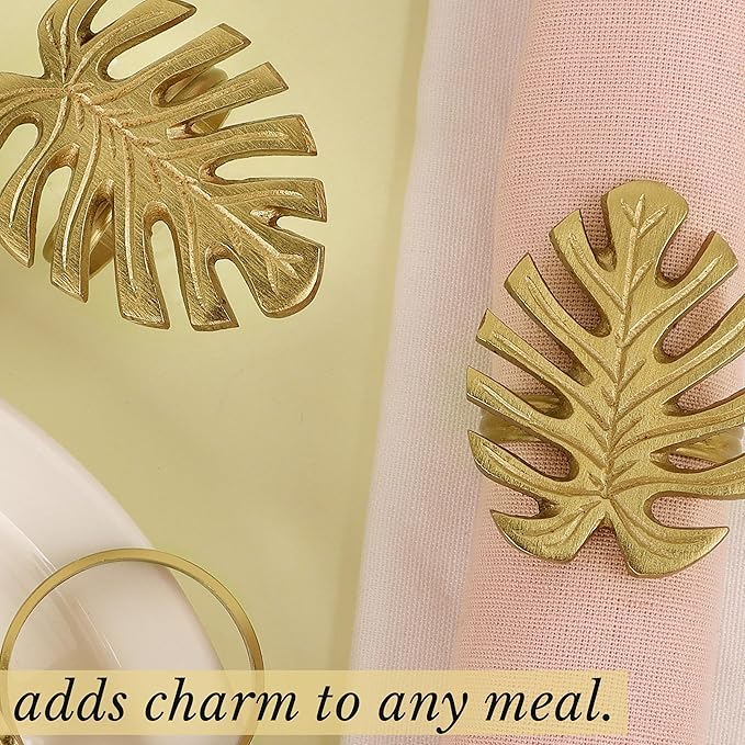 Napkin Rings Set of 12 Metal Napkin Holder Cuffs for Dinner Table Décor Monstera Leaf Farmhouse Modern Serviette Rings for Weddings, Parties, Receptions, Daily Use (Antique Gold) - ALPHA Living HOME
