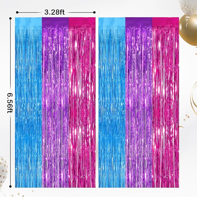 2 Pack Blue Purple Pink Metallic Tinsel Foil Fringe Curtains, Door Streamers Photo Booth Backdrop for Birthday Party, Tinsel Curtain Backdrop for Baby Shower Bachelorette Christmas Party Decorations
