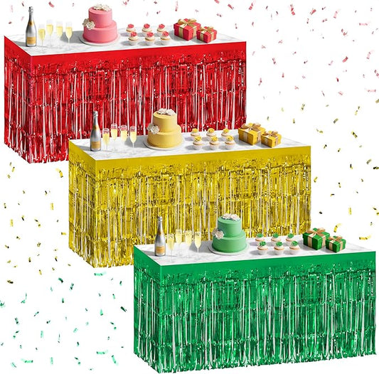 3 Pack Red Green Gold Table Skirts, 29x108" Metallic Foil Tinsel Fringe Table Skirt for Rectangle Tables Streamer Curtains Backdrop, Party Decorations for Birthdays, Weddings, Holidays