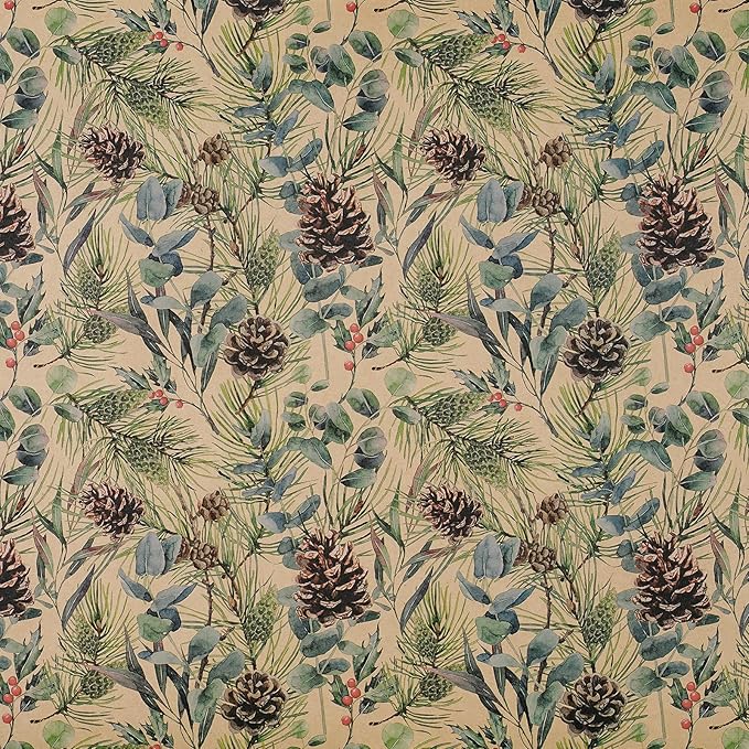 RUSPEPA 30" X 100' Kraft Christmas Wrapping Large Paper Roll, Jumbo Roll, Watercolor Pinecone and Eucalyptus Leaf Design, Kraft Gift Wrap for Christmas, Winter Holiday Party, Rustic Natural Theme