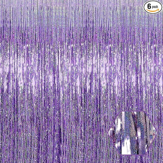 6 Pack Light Purple Foil Fringe Curtain Backdrop, 3.28Ft x 8.2Ft Metallic Tinsel Foil Fringe Streamer Curtains for Photo Booth, Christmas Day, New Year, Wedding Party Decorations