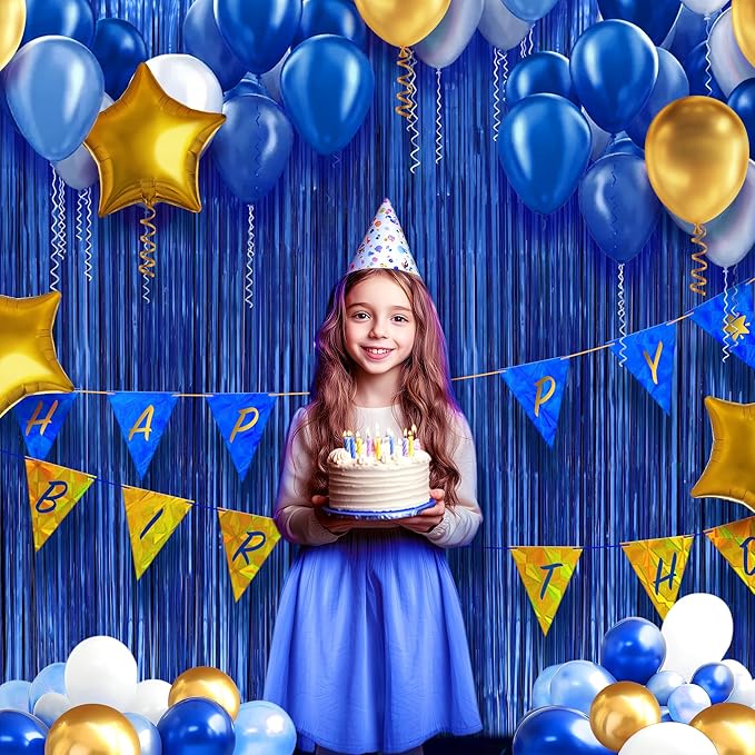 2 Pack Metallic Dark Blue Fringe Backdrop, 3.2x8.2ft Shining Foil Tinsel Curtains, Birthday Party Decorations Door Streamers for Halloween, Christmas, Wedding, Graduation, Holiday, Theme Events