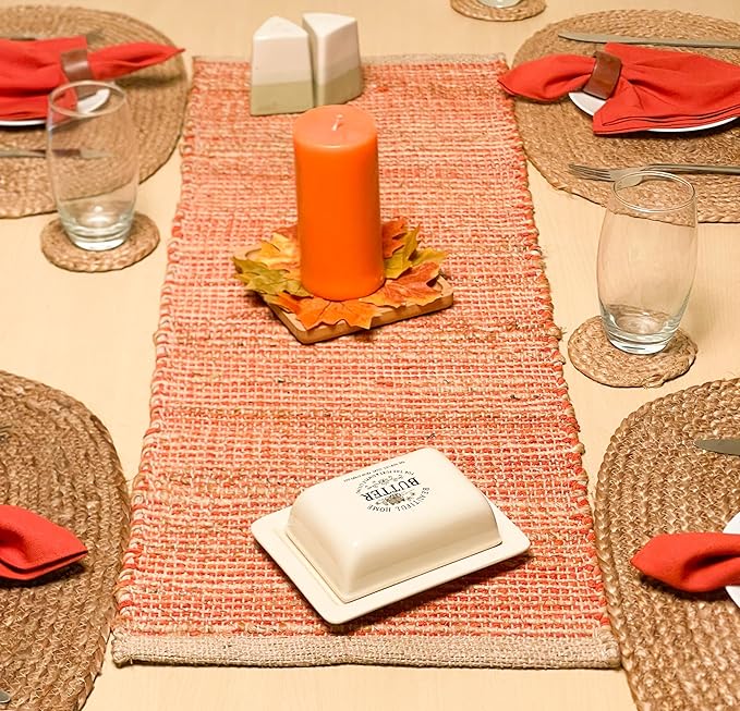 Chardin home Natural Jute Table Runner 13x48 Inch – Vintage Boho Rustic Table Decor – Handwoven Table Runner in Natural Jute and Rust Orange – Farmhouse Dining or Console Table Accent