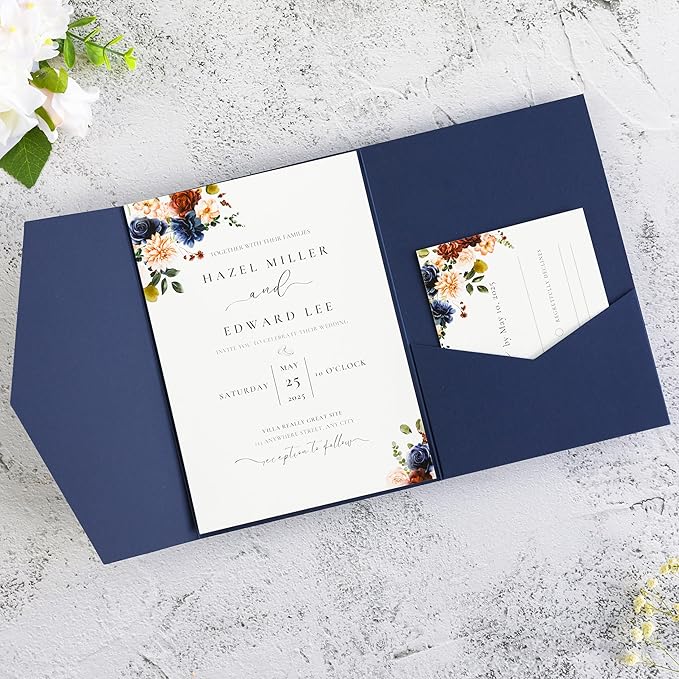 20 PCS Navy Blue Tri-fold Laser Cut Wedding Invitation Pockets for 5x7 Wedding Cards Bridal Shower Engagement Quinceanera Invitation
