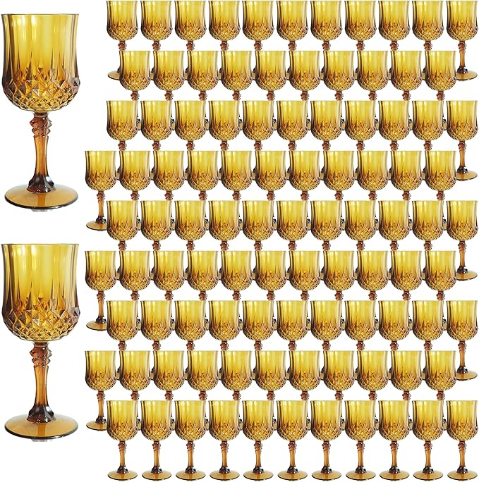 Plastic Wine Glasses，100PCS Amber Plastic Goblets Vintage Style Cordial Drinking Glasses for Wedding Reception, Grand Event Party Supplies (100, Amber)