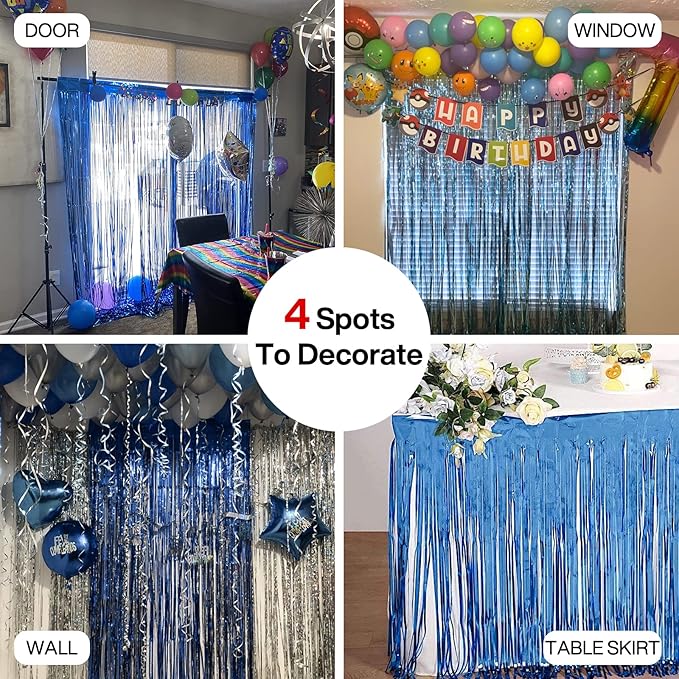 PartyWoo Foil Fringe Curtains Blue, 2 pcs 3.3x6.6 ft Blue Streamers, Fringe Backdrop, Tinsel Backdrop, Tinsel Curtain, Metallic Door Shimmer, Birthday Party Streamers, Photobooth