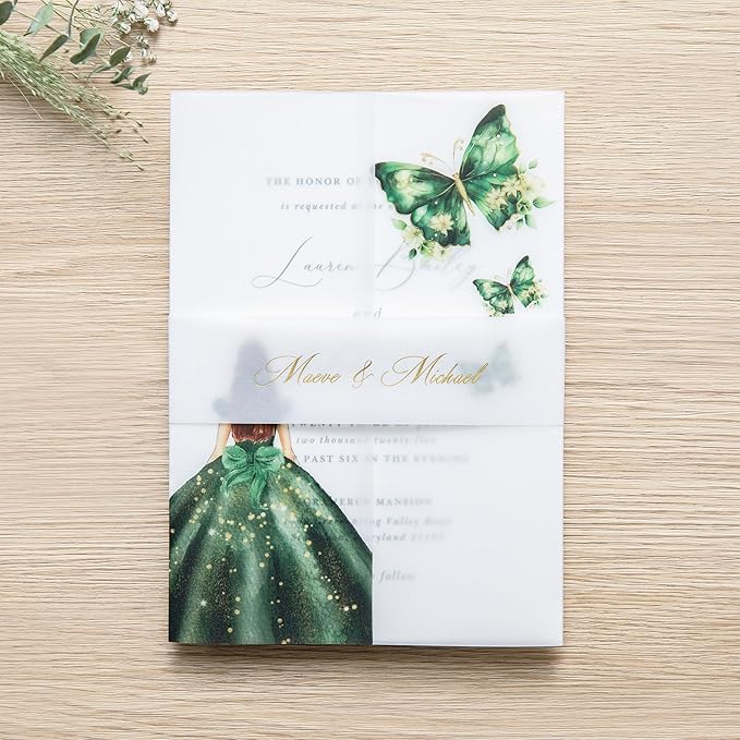 PONATIA 50 PCS Vellum Jackets for 5x7 Invitations - Vellum Paper 5x7 Jackets - 135GSM Emeral Green Girl - Butterfly Quinceanera Invitations Wraps (Emerald Green Girl)