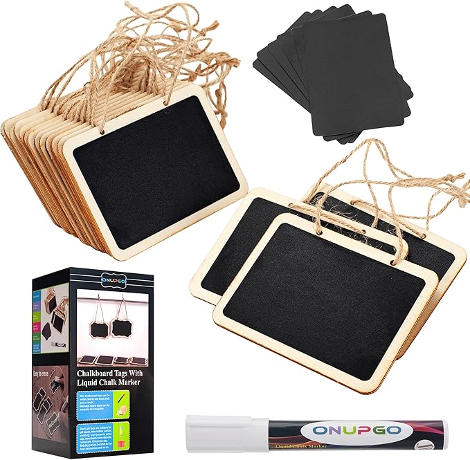 ONUPGO 16 Pack Chalkboard Tags for Baskets with String, Mini Erasable Chalkboards with Hanging String, Wooden Mini Chalkboard Signs, Hanging Chalkboard Labels, Price Tags, Message Tags
