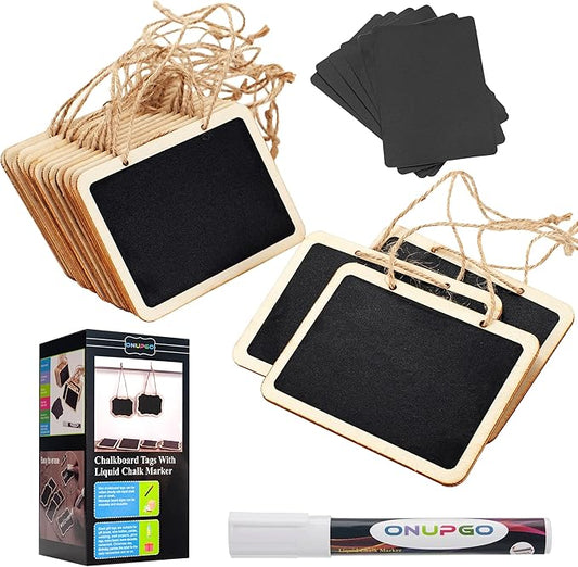ONUPGO 16 Pack Chalkboard Tags for Baskets with String, Mini Erasable Chalkboards with Hanging String, Wooden Mini Chalkboard Signs, Hanging Chalkboard Labels, Price Tags, Message Tags