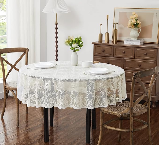 LinenZone Ivory Round Tablecloth for Rustic Vintage Decor. Sheer Lace Tablecloth Works Great As Wedding Table Cloth or Christmas Table Cover (Mia 48 Round, Ivory)